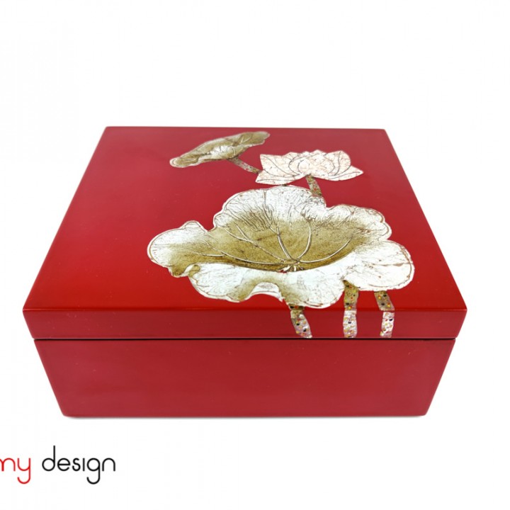 Red square lacquer box hand painted with lotus 20*22*H8cm